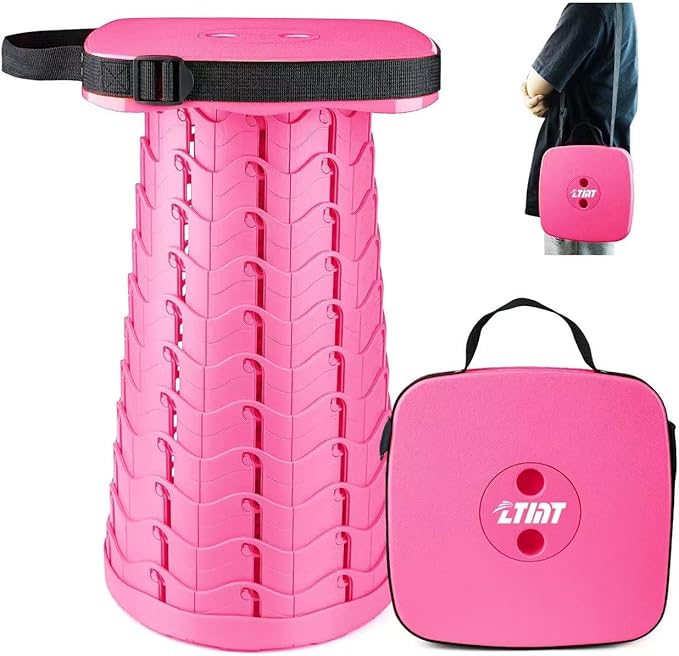 ZTMT Upgraded Folding Stool - 485lbs Load Capacity,Telescopic Stool,Portable Collapsible Seat for Camping,Fishing,Hiking,Travel (Square-Pink)