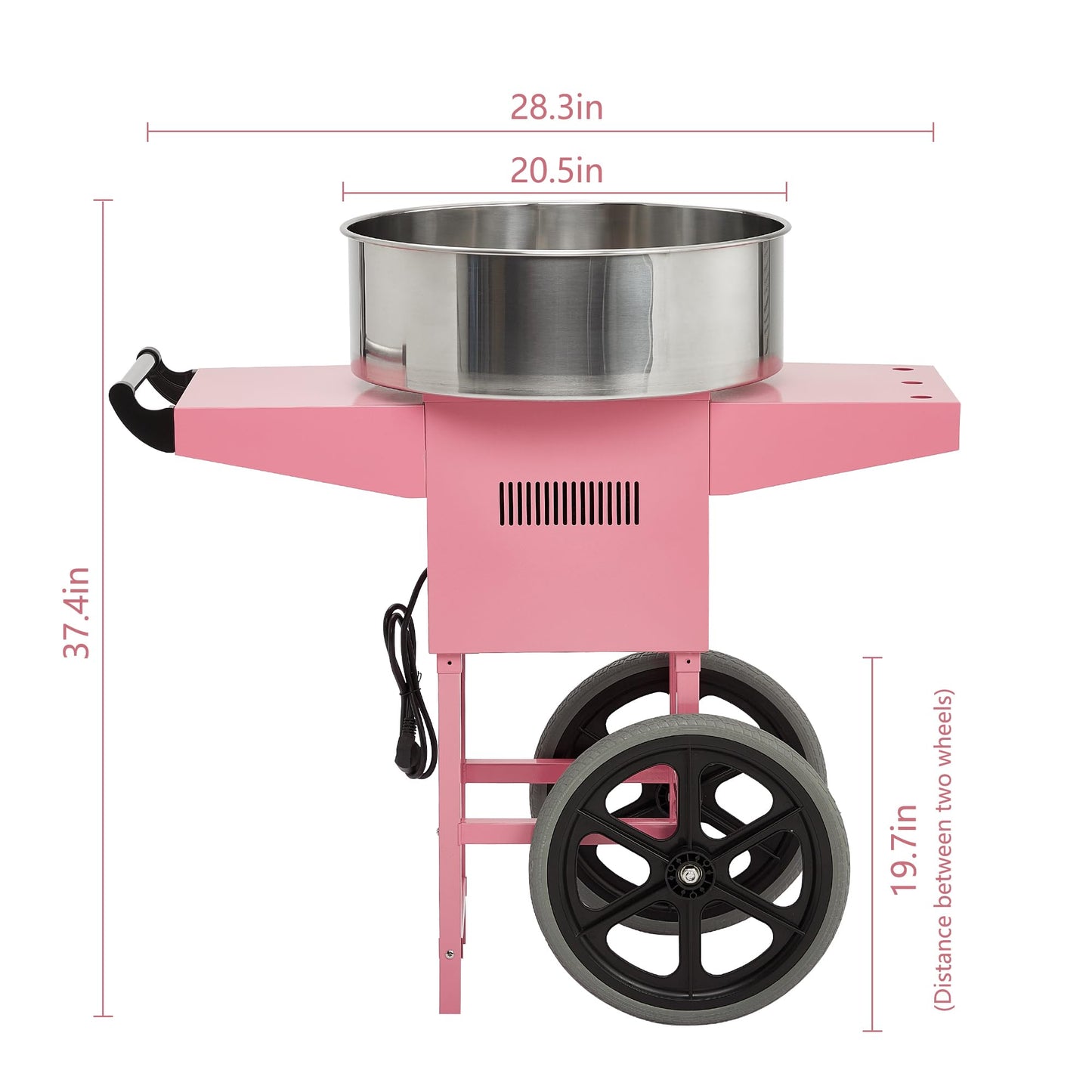 Electric Cotton Candy Maker Commercial With Cart, Cotton Candy Machine for Kids with 20 inch Stainless Steel Bowl for Family, Party, Amusement Park, Carnival- Pink