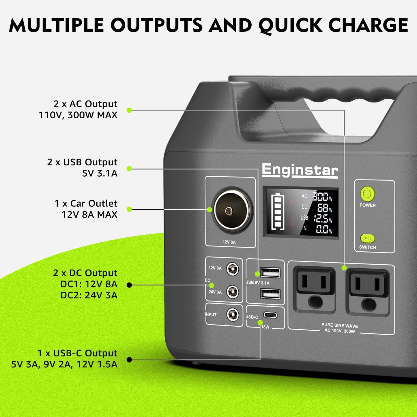 EnginStar Portable Power Station, 300W 296Wh Battery Bank with 110V Pure Sine Wave, 60W Foldable Solar Panel with 18V DC Outlet for Portable Power Stations