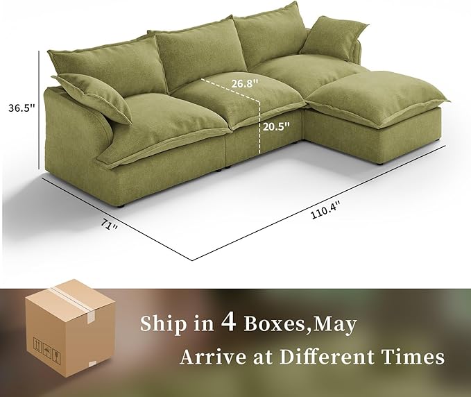 Intuition Decor Modular Convertible Cloud Sectional Sofa,110.4" Large Sofa Set for Living Room,4 Seat L-Shaped Modern Down Fill Sectional Sofa Fabric Modular Couch with Chaise,Green