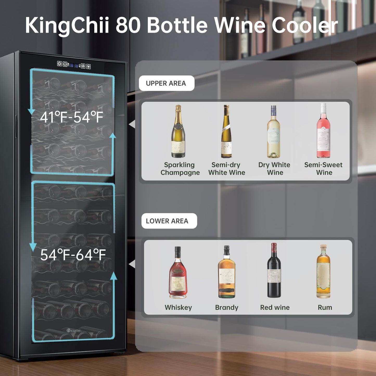 KingChii 80 Bottle Wine Cooler Refrigerator - Intelligent Digital Control Wine Fridge, Low Noise Operation, Freestanding Wine Refrigerator for Kitchen and Home