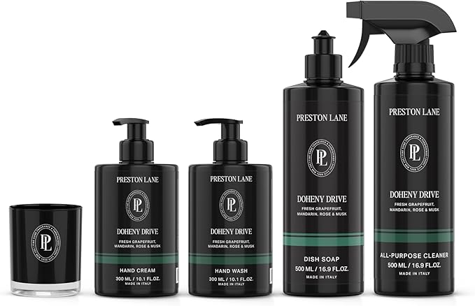 Preston Lane Signature Home Set – All Purpose Cleaner, Dish Soap, Hand Wash, Hand Cream & Scented Candle | Plant-Powered Cleaning & Care Essentials with Fine Italian Fragrance, Doheny Drive