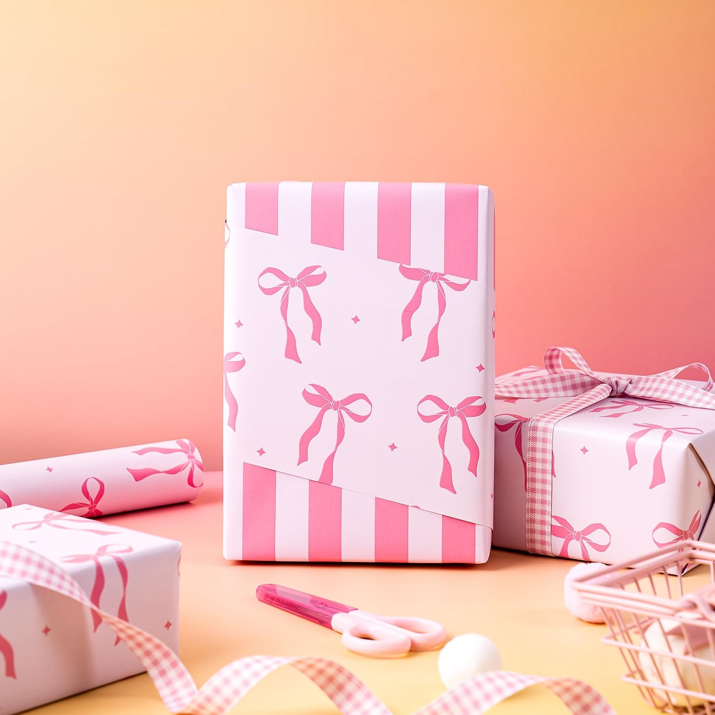 WRAPAHOLIC 30 Inch Jumbo Reversible Pink Bow Wrapping Paper Roll - 30 Inch x 33 Feet - Pink Ribbon Bow and Stripes Design Perfect for Girls Birthday, Baby Shower, Bachelorette Party