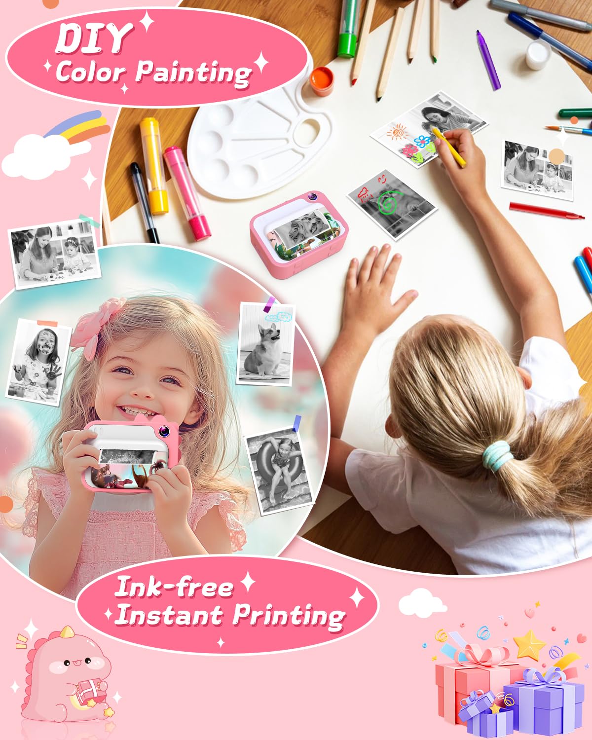 Kids Camera Instant Print, Dinosaur Instant Print Camera for Kids with 1080P Video, 32GB SD Card, 240 Photos, Christmas Birthday Gifts for Boys Girls Ages 3-12 (Pink)
