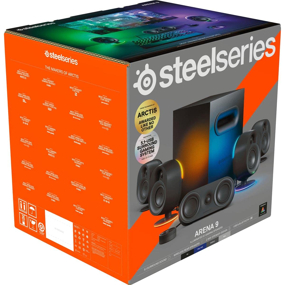 SteelSeries Arena 9 Illuminated 5.1 Desktop Gaming Speakers – 5.1 USB Surround Sound – Wireless Rear Speakers – 2-Way Speaker Design – Subwoofer – RGB Light, Bluetooth – PC, PlayStation, Mobile, Mac