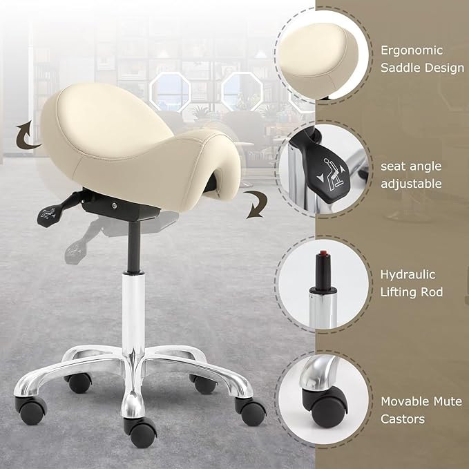 Saddle Stool with Wheels, Height Adjustable Ergonomic Rolling Saddle Chair for Salon Tattoo Shop Spa Home Dentist Clinic, Beige Saddle Stool