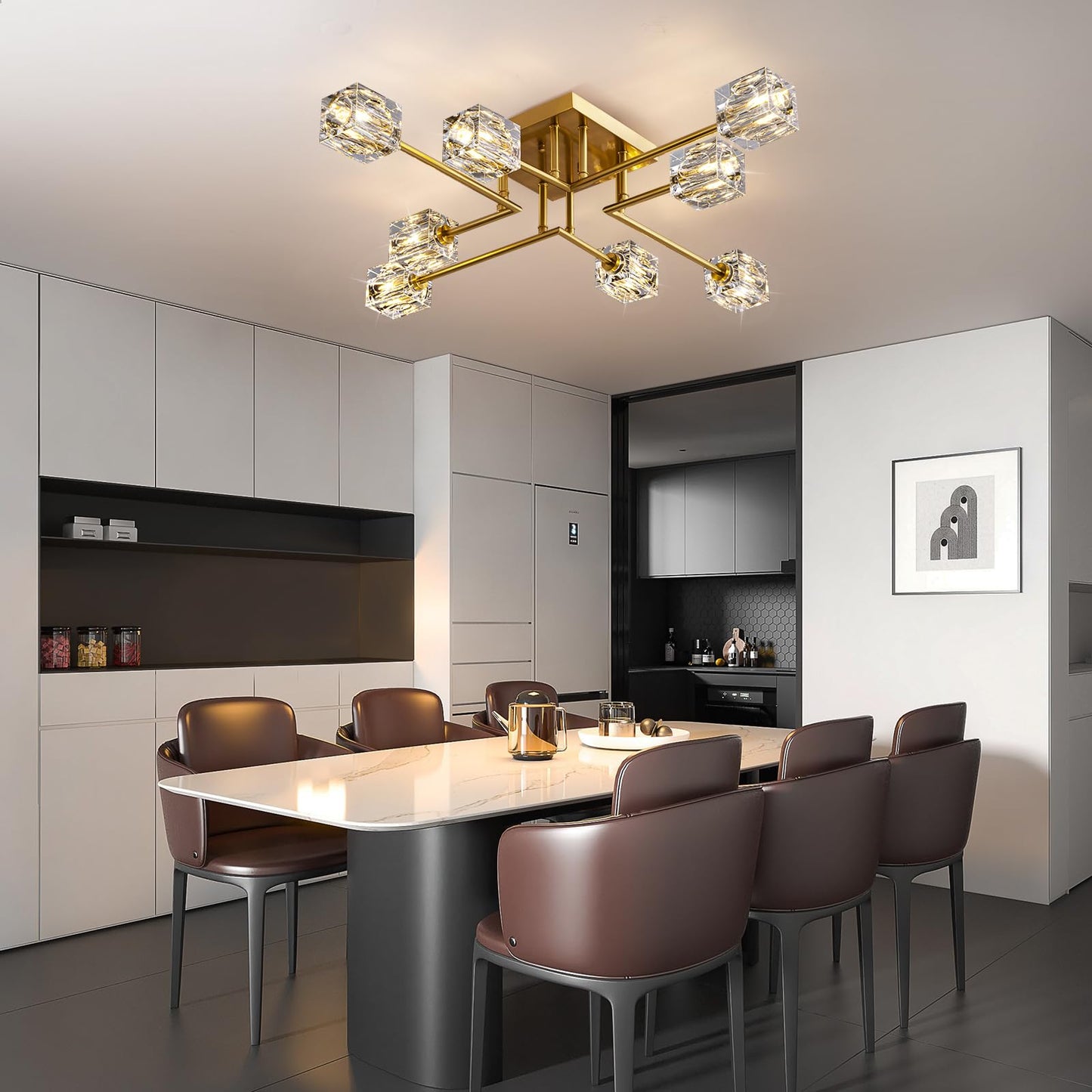 OKES Modern Crystal Ceiling Light,Semi Flush Mount Ceiling Light Fixture with 8-Lights,Gold Sputnik Chandeliers for Bedroom,Dining Room,Farmhouse Kitchen,Office,Living Room