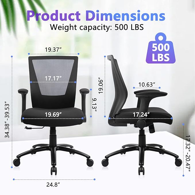 CLATINA Big and Tall Office Chair Heavy Duty Ergonomic Desk Chair 500lbs with Flip-up Arms & Wide Thick Seat Cushion Home Executive Swivel Mesh Chair for Study, Conference, Black (4 PK)