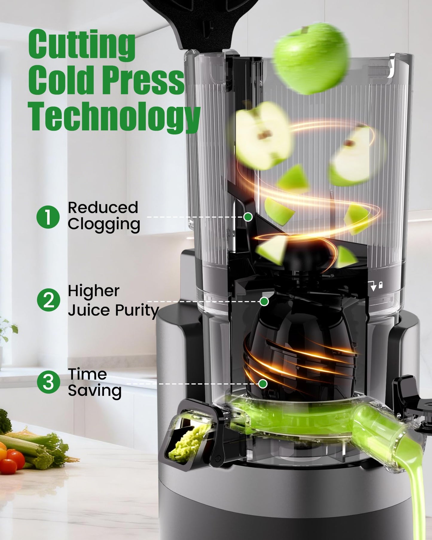Staweiger Juicer Machines, Cold Press Juicer with 6" Wide Chute, High Juice Yield Slow Masticating Juicer, Quiet Low db, Powerful Brushless Motor, Juicer Press For All Fruits & Vegetables BPA-Free