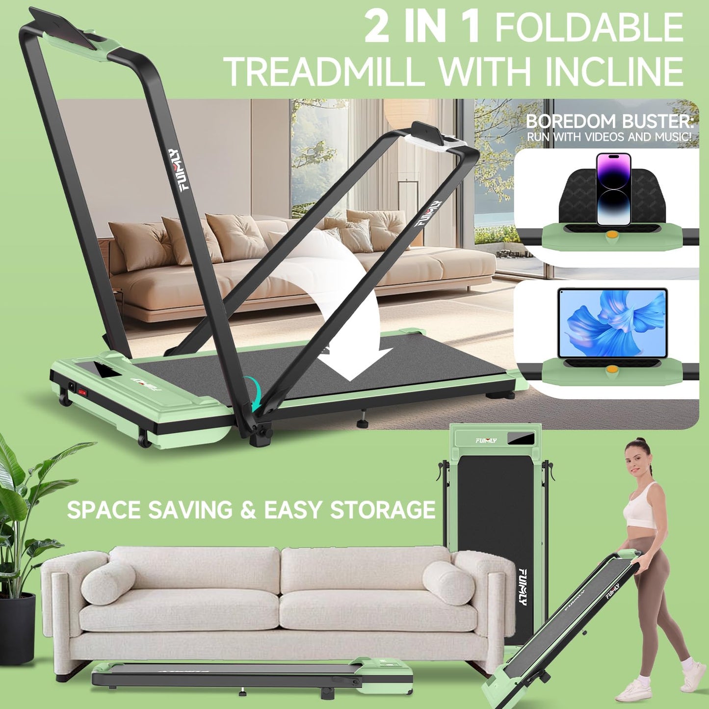 FUNMILY Walking Pad Treadmill with Incline, Foldable Treadmills for Home Office, Portable Walking Pad 300lbs Capacity, Remote Control, Led Touch Screen, 2s Folding Treadmill