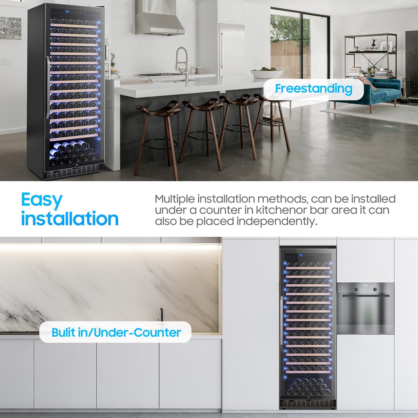 158 Bottles Wine Cooler Refrigerator, 24 Inch Built-in/Freestanding Wine Fridge with Upgraded Compressor, Fast Cooling, Intelligent Temperature Memory, Low Noise, 41℉-64℉ Large Capacity Wine Cooler
