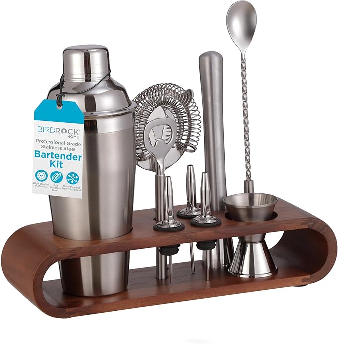 BIRDROCK HOME 10 Piece Professional Bartender Cocktail Mixing Set with Acacia Wood Stand | Stainless Steel Bar Tools for H...