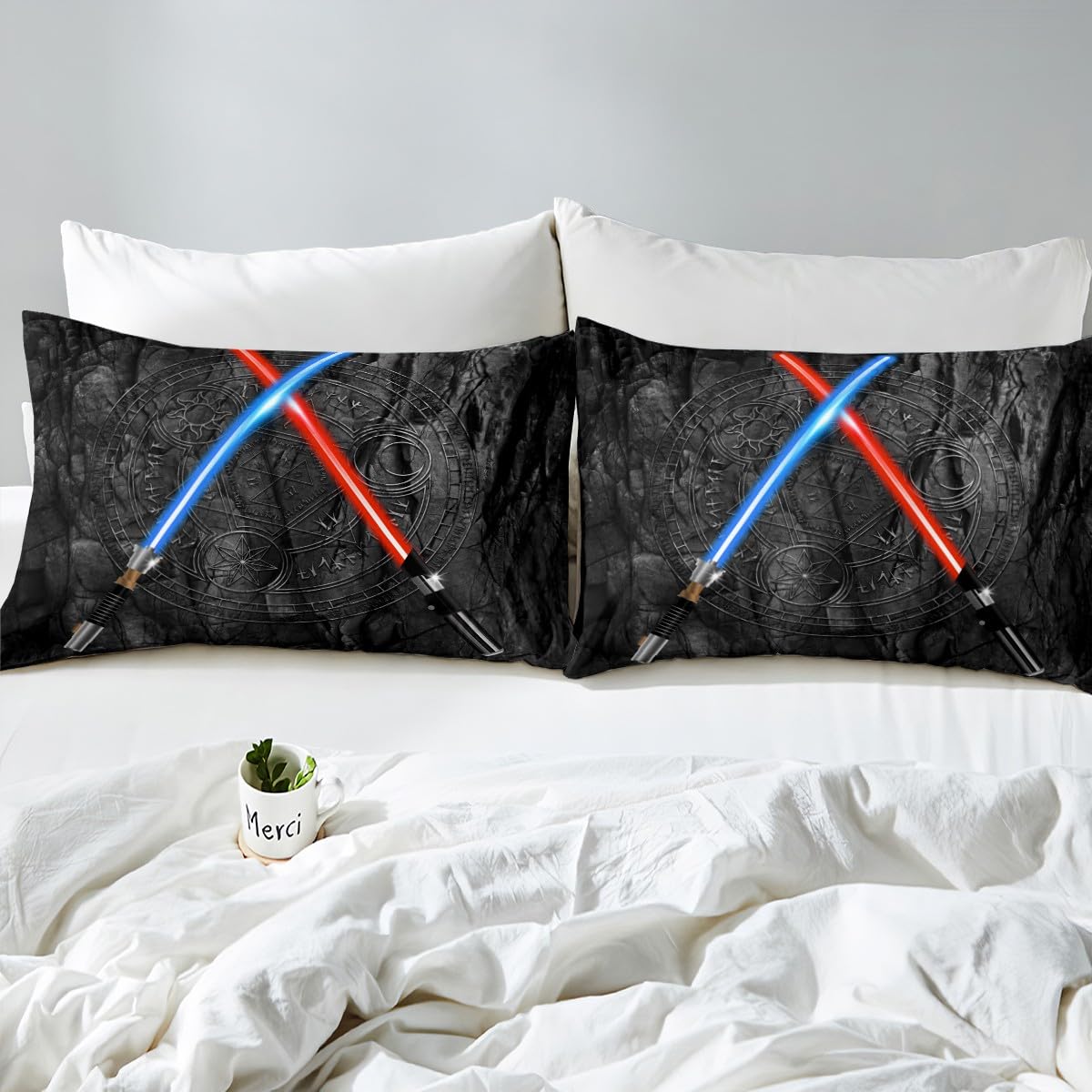 Lightsaber Fitted Sheet Twin Size,3D Neon Blue Red Bedding Set 2 Pcs with 1 Pillowcase,Geometric Sun Moon Pattern Bed Sheets,Kids Boys Teens Room Decor,Black Cool Deep Pocket Sheet, (No Flat Sheet)
