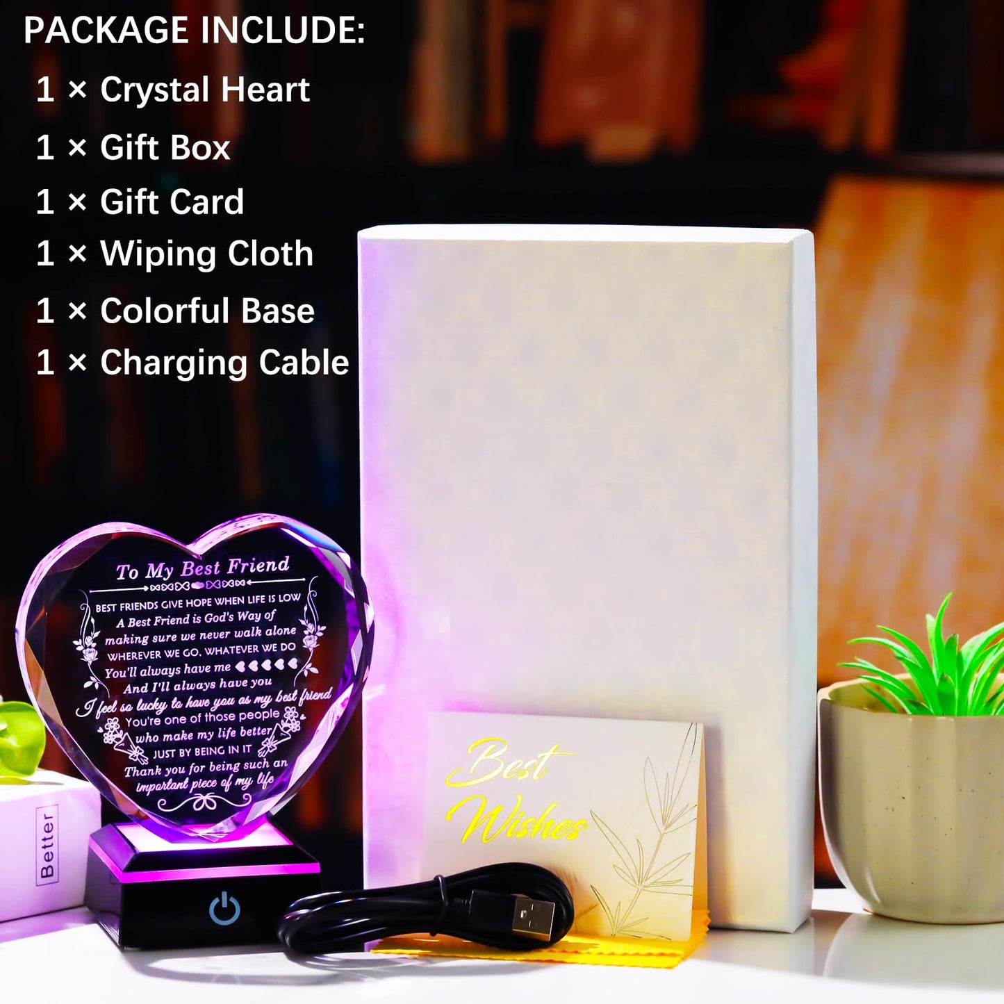 Arikyrist Best Friend Birthday Gifts with Colorful LED Base Crystal to My Best Friend Heart Gifts Friendship Gift for Women for Christmas Female Friend Gift Ideas BFF Gift for Her, Bestie Gifts