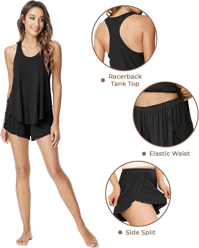 NACHILA Pajamas for Women-Viscose from Bamboo, Ribbed Racerback Tank Top Sexy Split Shorts Pajama Sets Cooling Sleep Cami Pjs