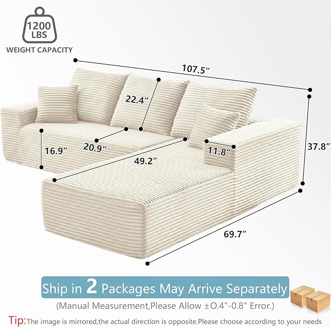 107" W Cloud Sectional Couch with L-Shape Chaise, Modern Corduroy Boneless Couch for Living Room,Memory Foam Sofa with Deep Seat,No Assembly Required (White,Right-Facing Chaise)