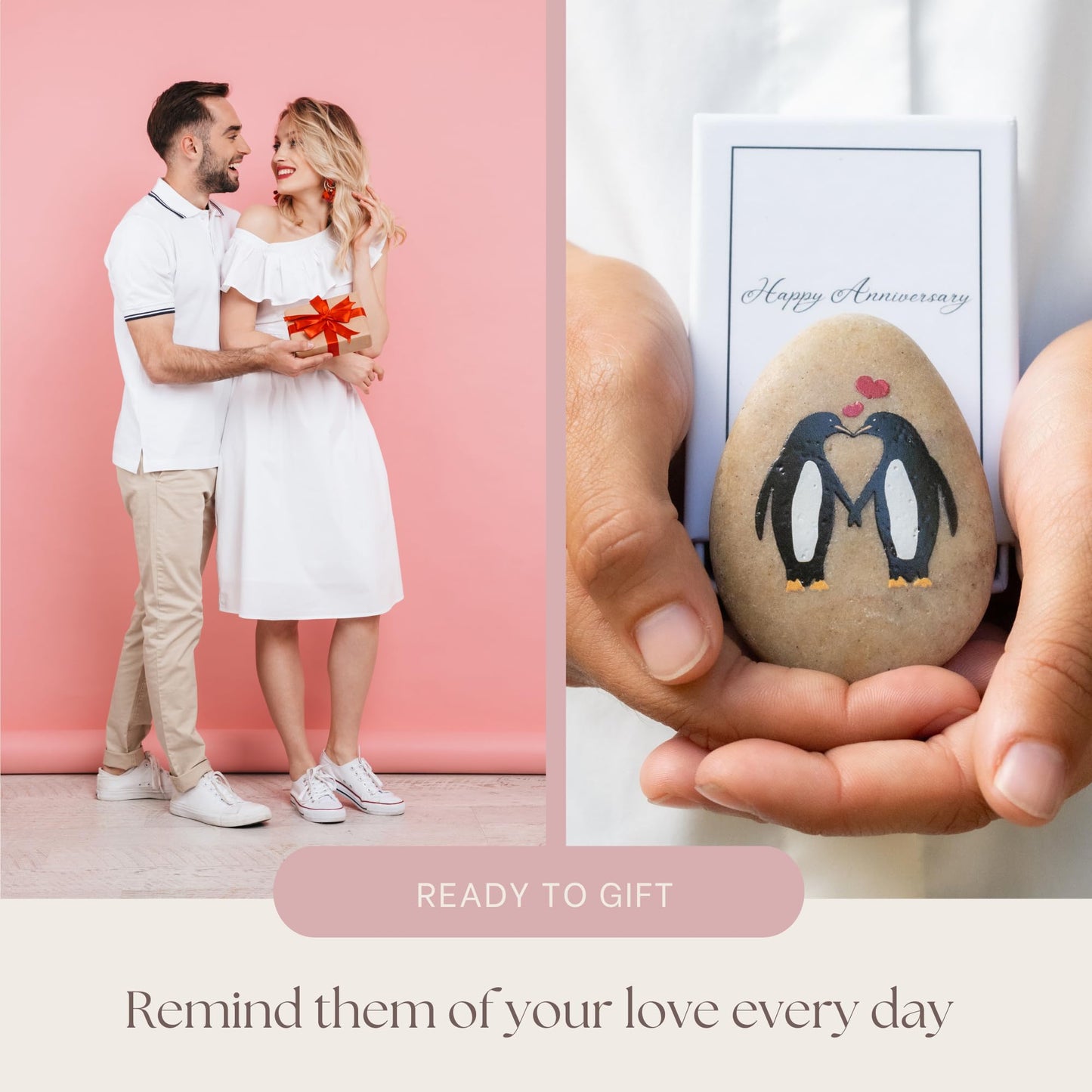 PureRejuva 1 Year Anniversary for Boyfriend or Girlfriend - Penguin Pebble Gift- First Wedding Anniversary for Husband or Wife - One Year Together Keepsake