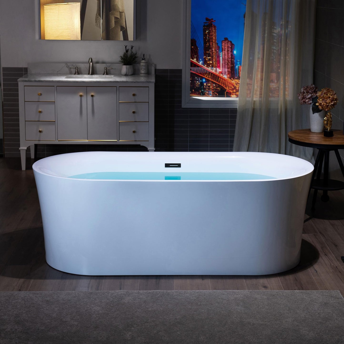 WOODBRIDGE 67" Acrylic Freestanding Bathtub Contemporary Soaking Tub with Matte Black Overflow and Drain,White Tub