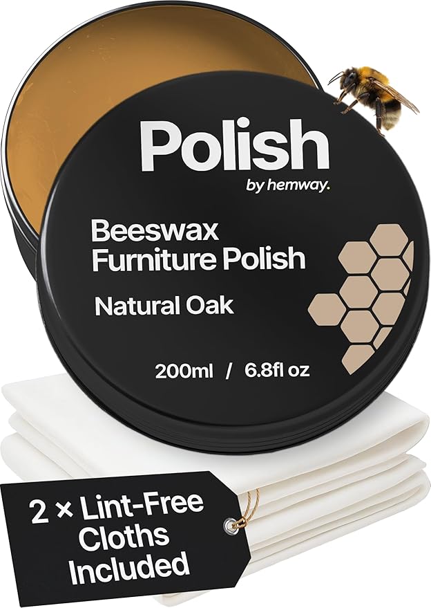 Natural Oak Beeswax Furniture Polish 200 ml / 6.8 fl oz, & 2 Lint-Free Cloths, Natural Furniture Wax for Wood Protection, Modern & Antique, Wood Wax for Furniture, Restores & Protects, Long-Lasting