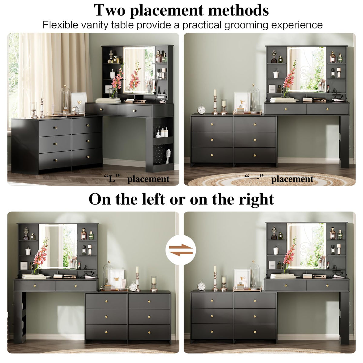 Large Makeup Vanity Desk with Mirror and Lights, Vanity Desk with 8 Drawers & Storage Shelves, Vanity Table with Power Outlet, 3 Color Modes & Adjustable Brightness Dressing Table, Bedroom,Black