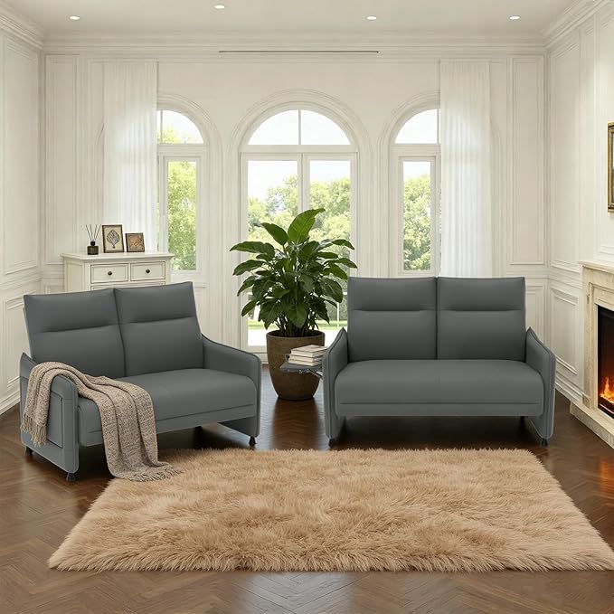 Tbillionnext Faux Leather Loveseat, Upholstered Loveseat with Hidden Foldable Tray & Side Pocket, Rear Contour Arm Design, Modern 2-Seater Sofa Couch for Small Spaces, Bedroom, Gray