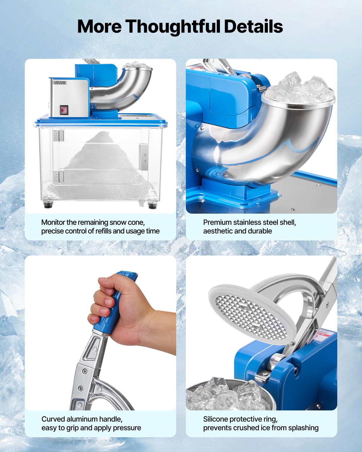 VEVOR Commercial Ice Crusher 661LBS/H, 350W Electric Snow Cone Machine with 4 Blades, 2000RPM Stainless Steel Shaved Ice Machine with 11 Gal Crushed-Ice Box, for Family Restaurants Bars, Blue