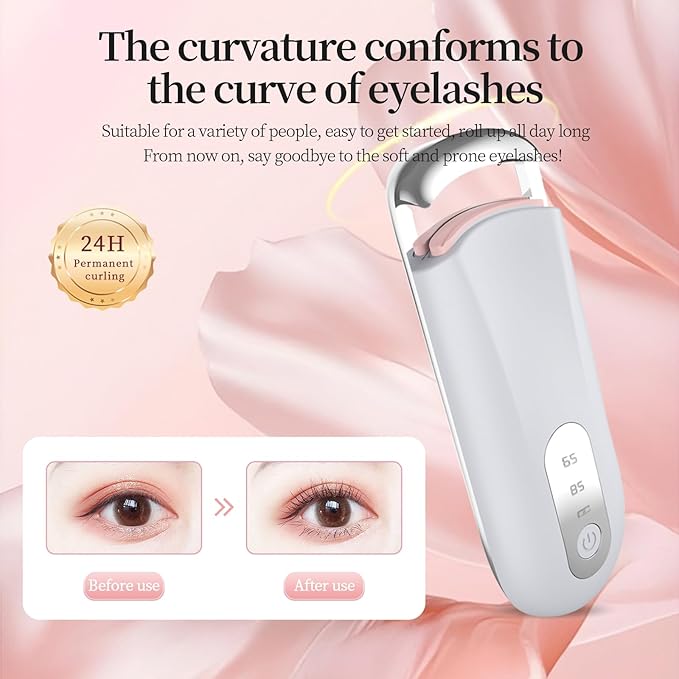 Heated Eyelash Curler for Natural Lashes 2 Level Adjustable Temperature Mini Electric Lash Curler Fast 3 Second Heat Up 24 Hours Long Lasting Curl (WhiteBlue)