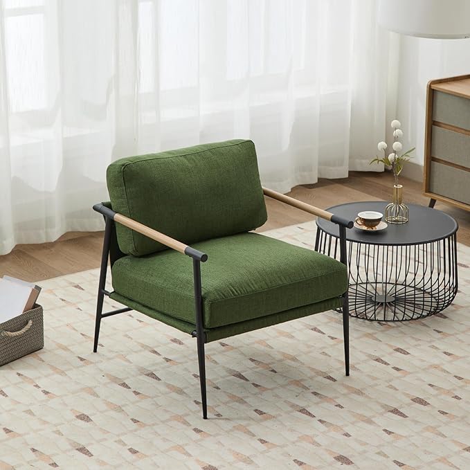 HEAH-YO Modern Accent Chair Set of 1, Upholstered Linen Fabric Living Room Chair with Backrests and Metal Legs, Comfy Reading Side Armchair for Bedroom, Green