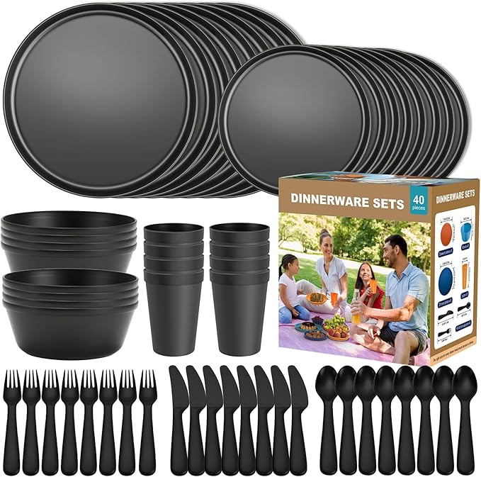 40-Piece RV Camping Dinnerware Set (Service for 8), Microwave Safe Plates and Bowls Set with Cutlery, Lightweight & Unbrea...