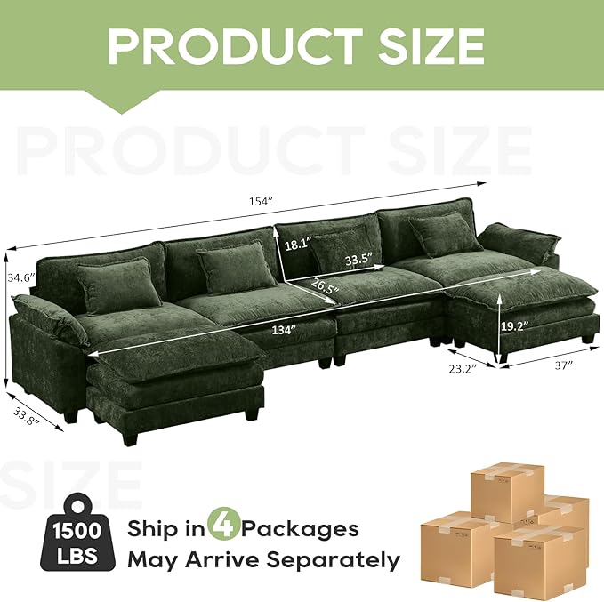 Oprisen 154" Modular Sectional Sofa, Comfy Cloud Couch Sectional Sofa with Ottoman, Chenille Sofa Sleeper Deep Seat Sofa with Throw Pillows for Living Room (Green, 154"- U Shape)