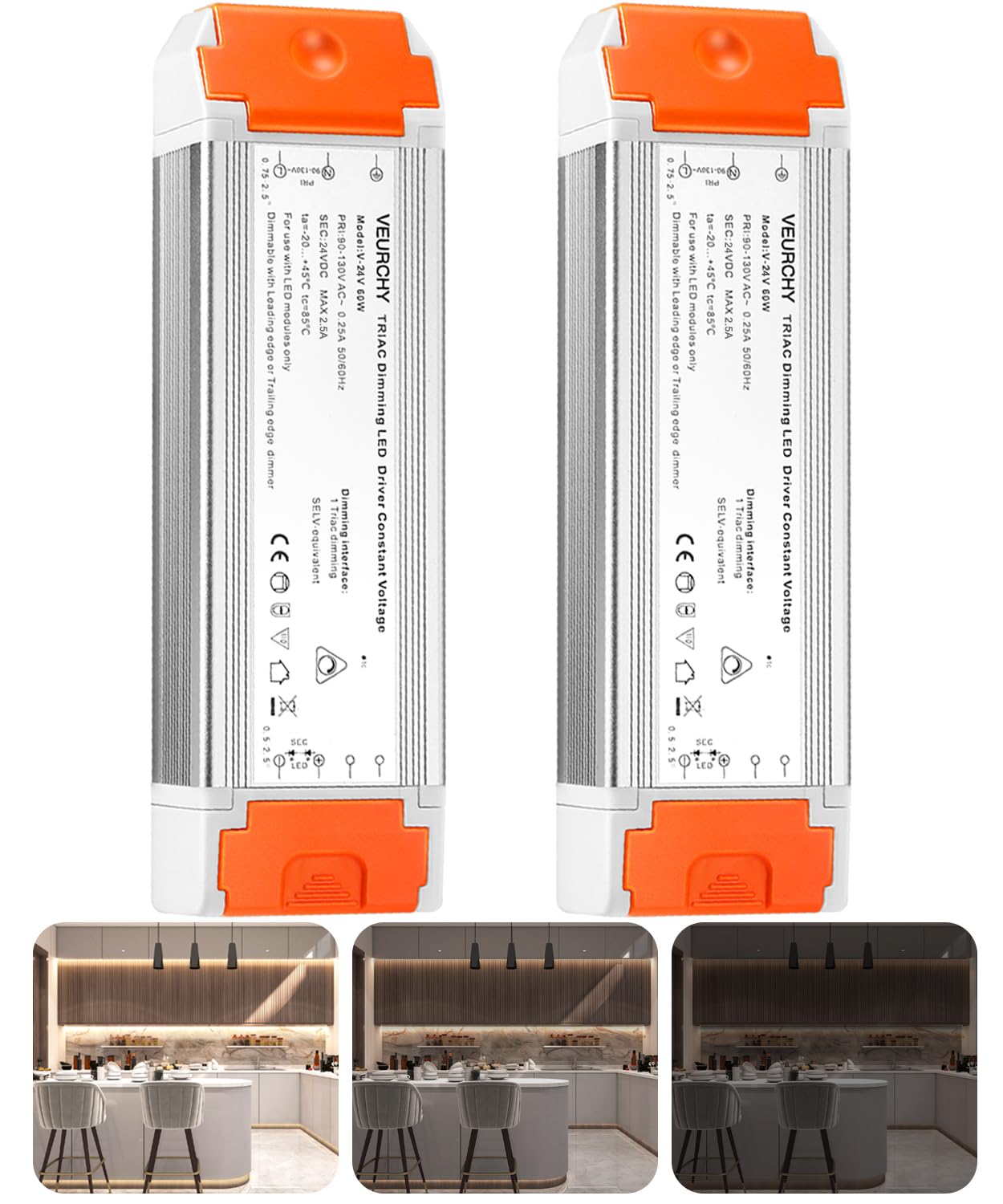 VEURCHY 24V 60W Dimmable LED Driver,120V to DC 24V LED Lighting Low Voltage Transformers, Smooth Flicker Free Dimming 60 Watt LEDs Power Supply 24 Volt, 2 Pack