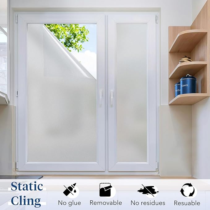 Haton Window Privacy Film Frosted Glass for Bathroom, Static Cling UV Sun Blocking Window Clings, Opaque Decorative Coverings Removable Sticker Heat Control Tint for Home Door, Pure 23.6" x 78.7"