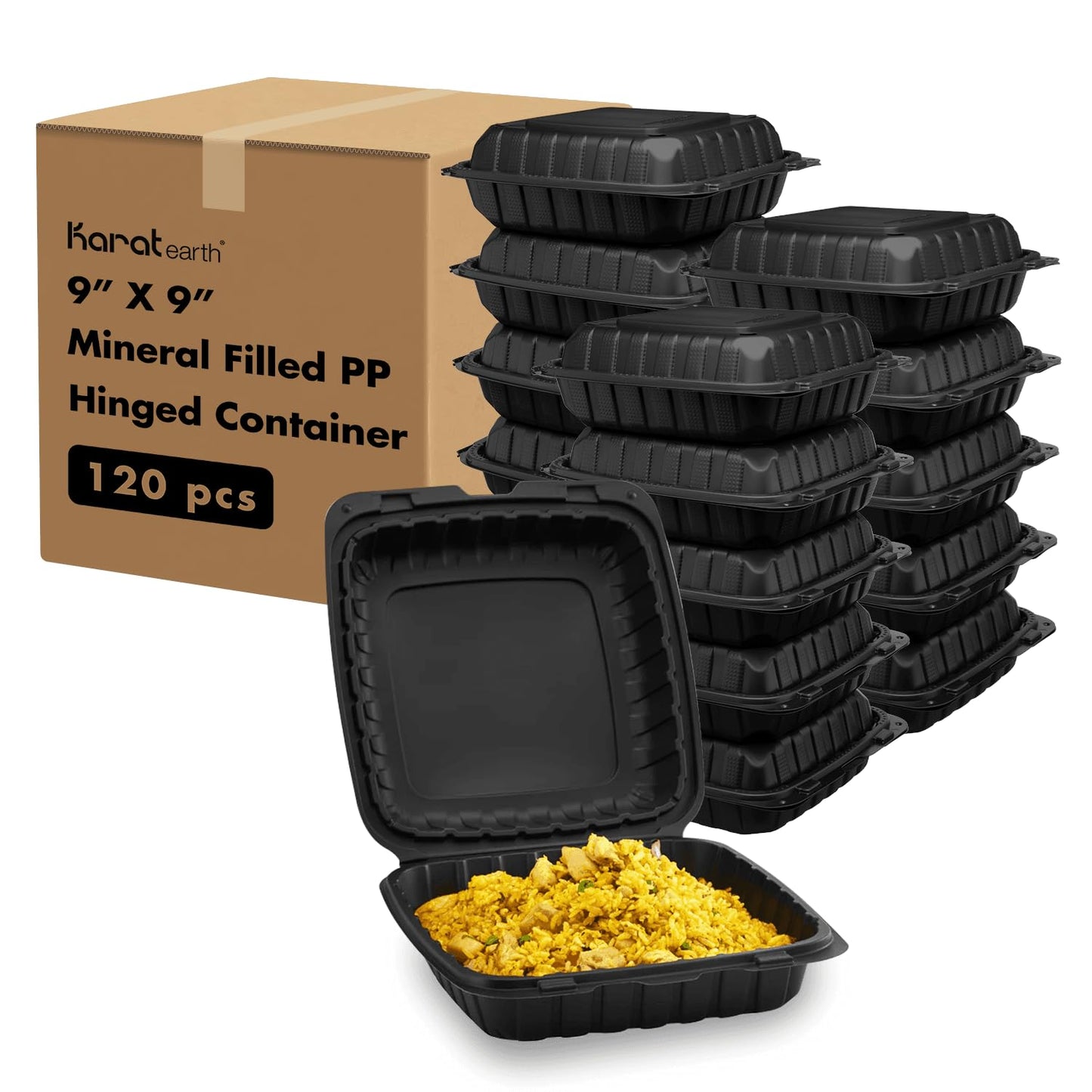 KARAT EARTH Clamshell Take Out Food Containers [9"x9" - 120 ct] To Go Containers | Microwavable, Freezer Safe, Soak-Resistant, Durable, Stackable | Vented for Hot/Cold Foods, Black
