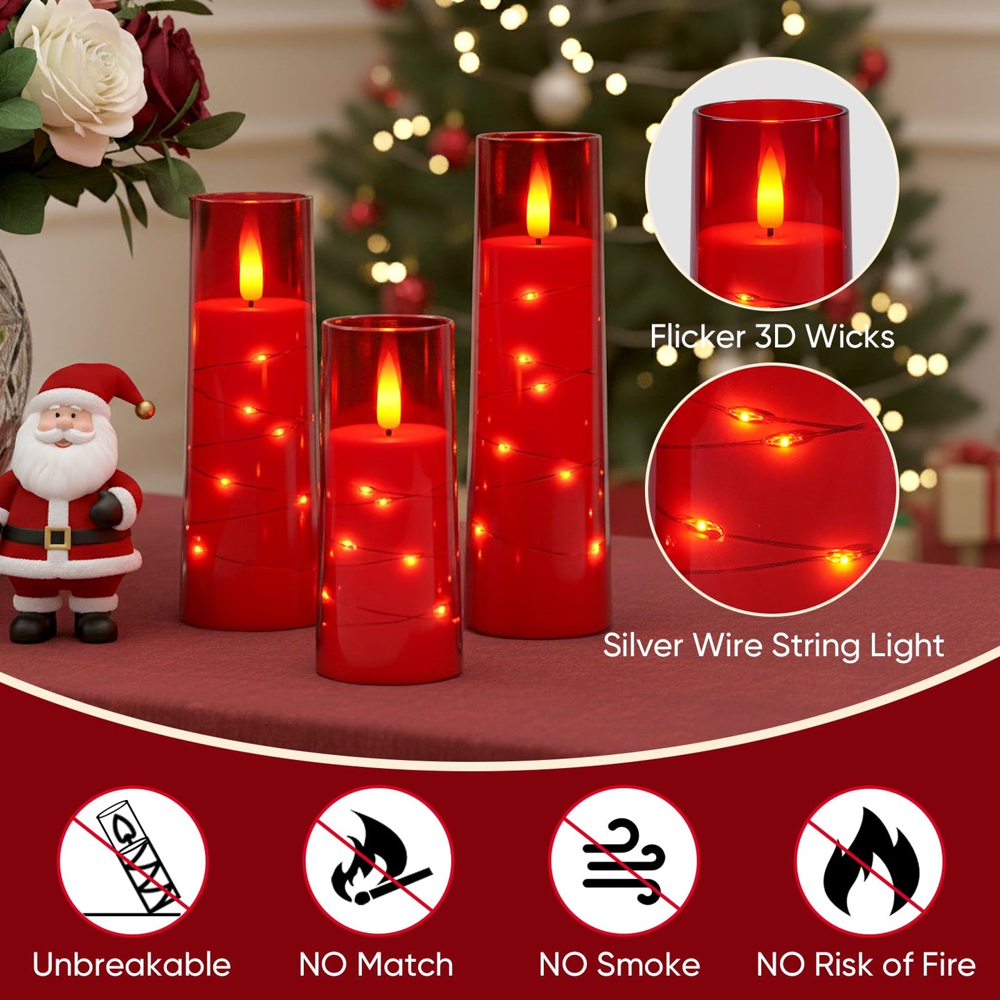 Raycare Flameless Candle with Remote Timer – 9 Flickering Acrylic Battery Operated LED Pillar Candles with Embedded Star String for Valentine's Day, Home Decor, and as a Gift (Red)