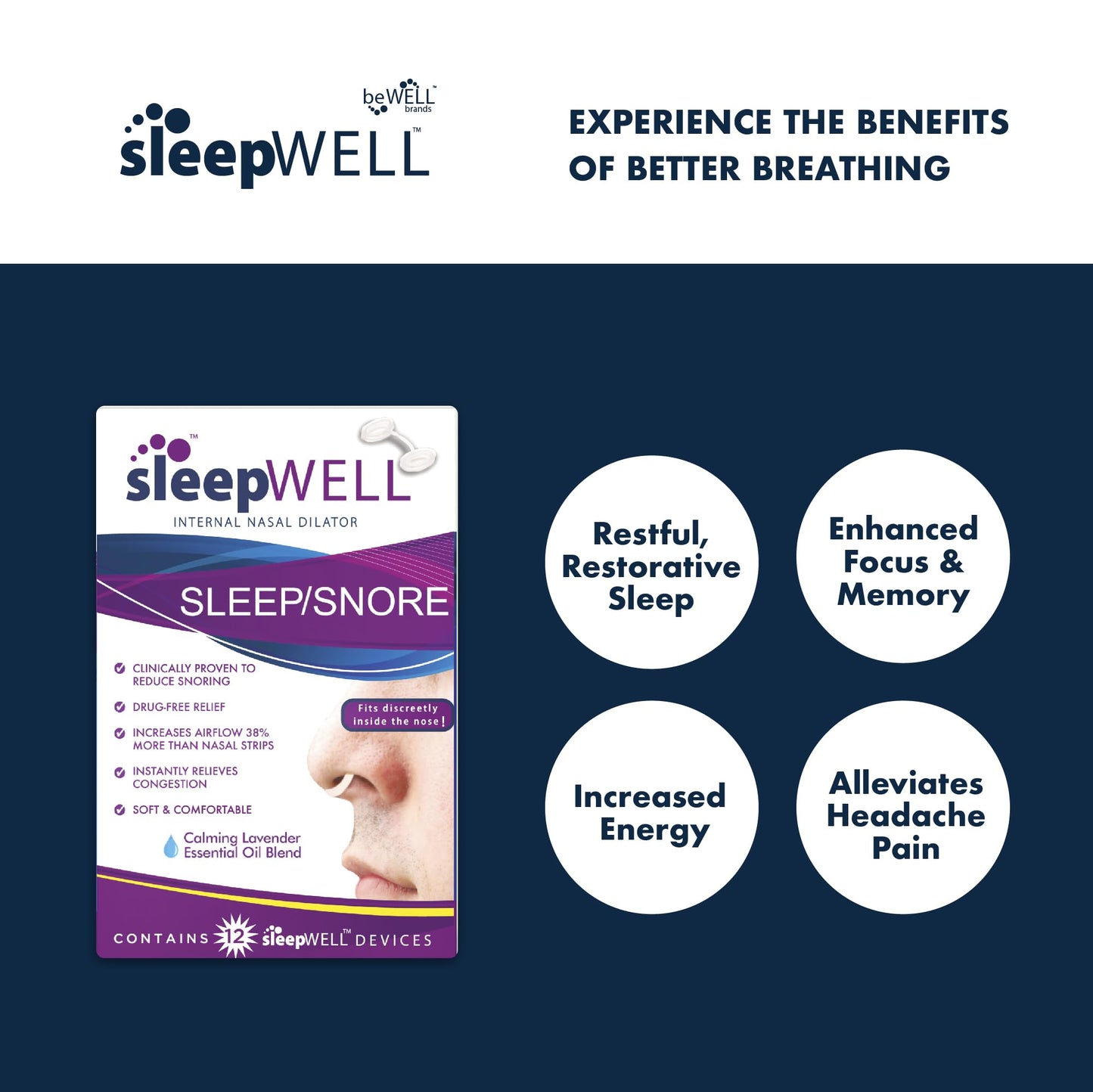 sleepWELL Snoring Solution, Internal Nasal Dilators for Increased Airflow & Easier Breathing, Snore Stopper for More Restful, Restorative Sleep, Soft & Comfortable, Latex Free & Drug Free, 12 Count