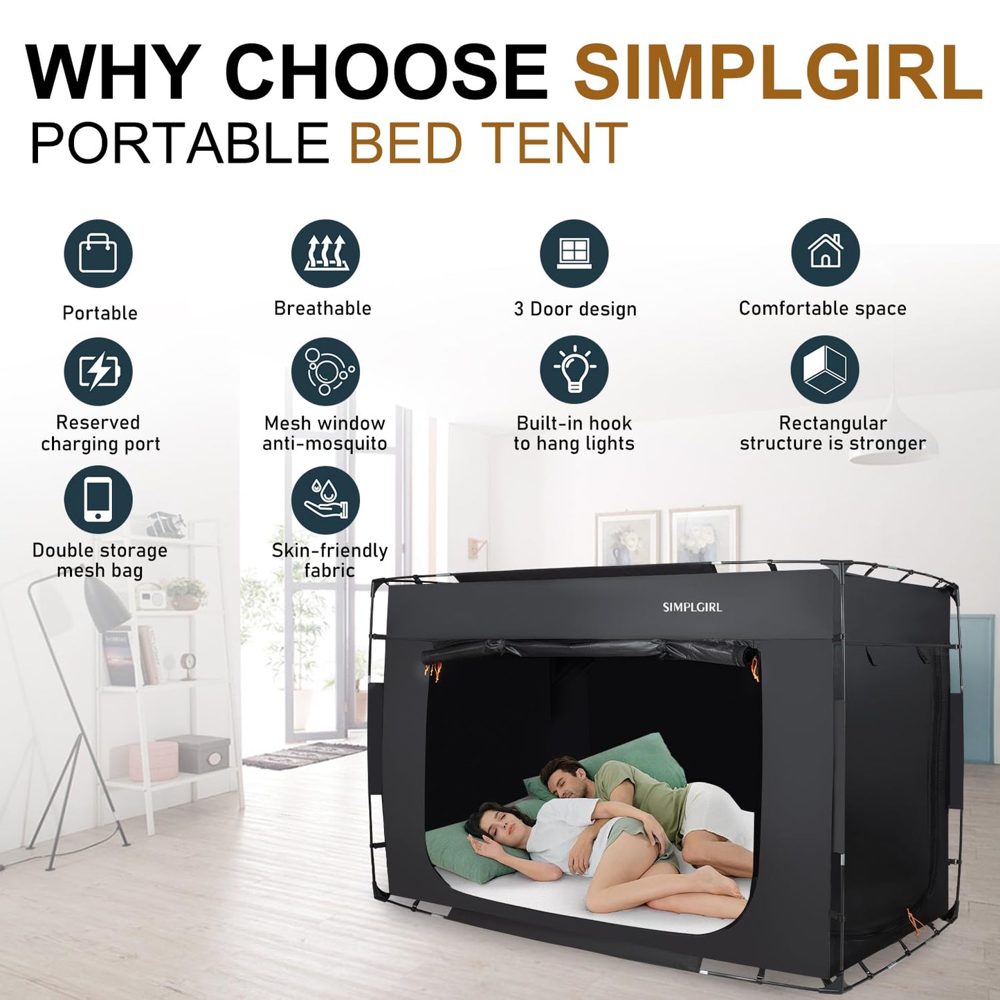 Bed Tent Bed Canopy Twin Size Tents for Adult and Kids- Portable Dream Indoor Sleeping Tents Blackout with 3 Doors Breathable Big Space Tent