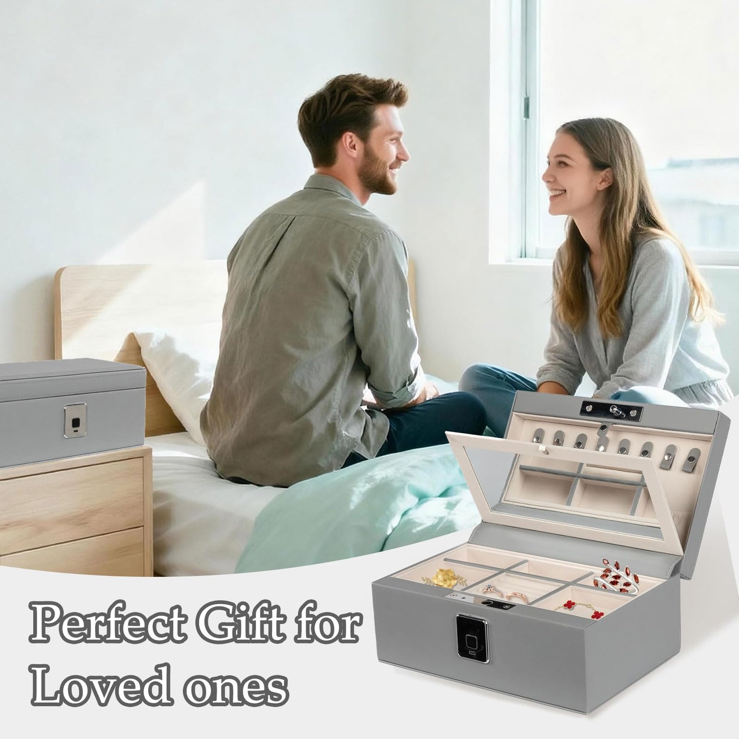 VALINIRT Jewelry Safe, Biometric Fingerprint Safe, Leather Wrapped Jewelry Box with Lock & Mirror, Ultra-Lightweight Jewelry Box Suitable for Home Use & On-the-Go(Three-Tier Gray)