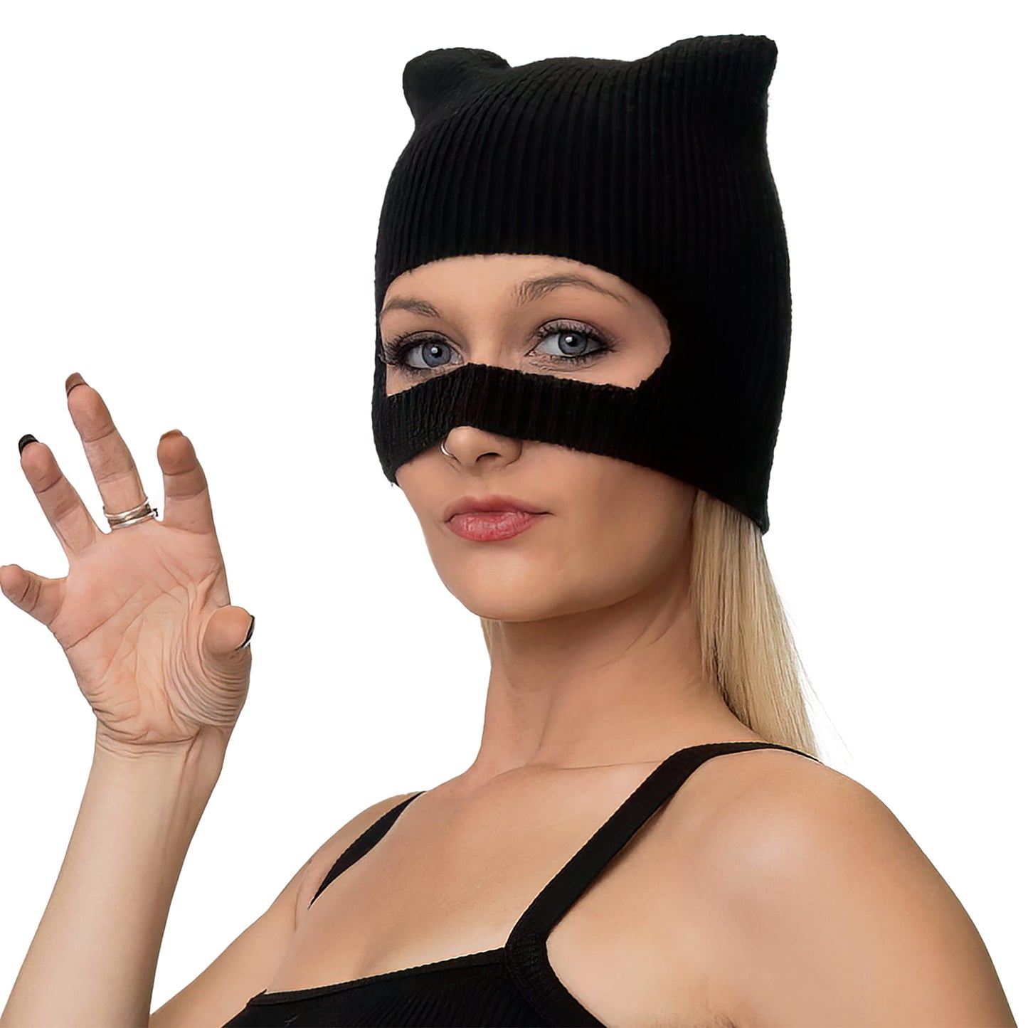 ComfyCamper Catwoman Mask Costume - Halloween Women Woman Girls Adult - Superhero Cat Face Roleplay - Black Knit