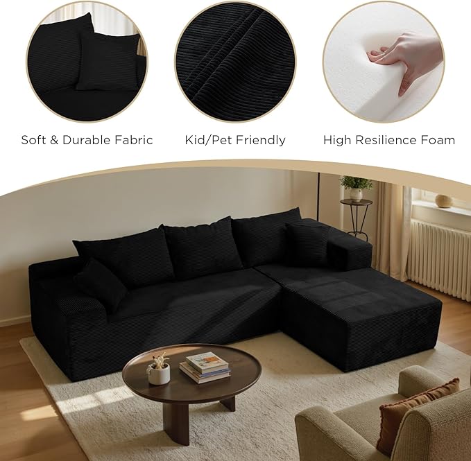 Black Cloud Couch Sectional Sofa in Box with L-Shape Chaise,Modern Modular Couches Upholstered with Deep Seat for Living Room,No Assembly Required
