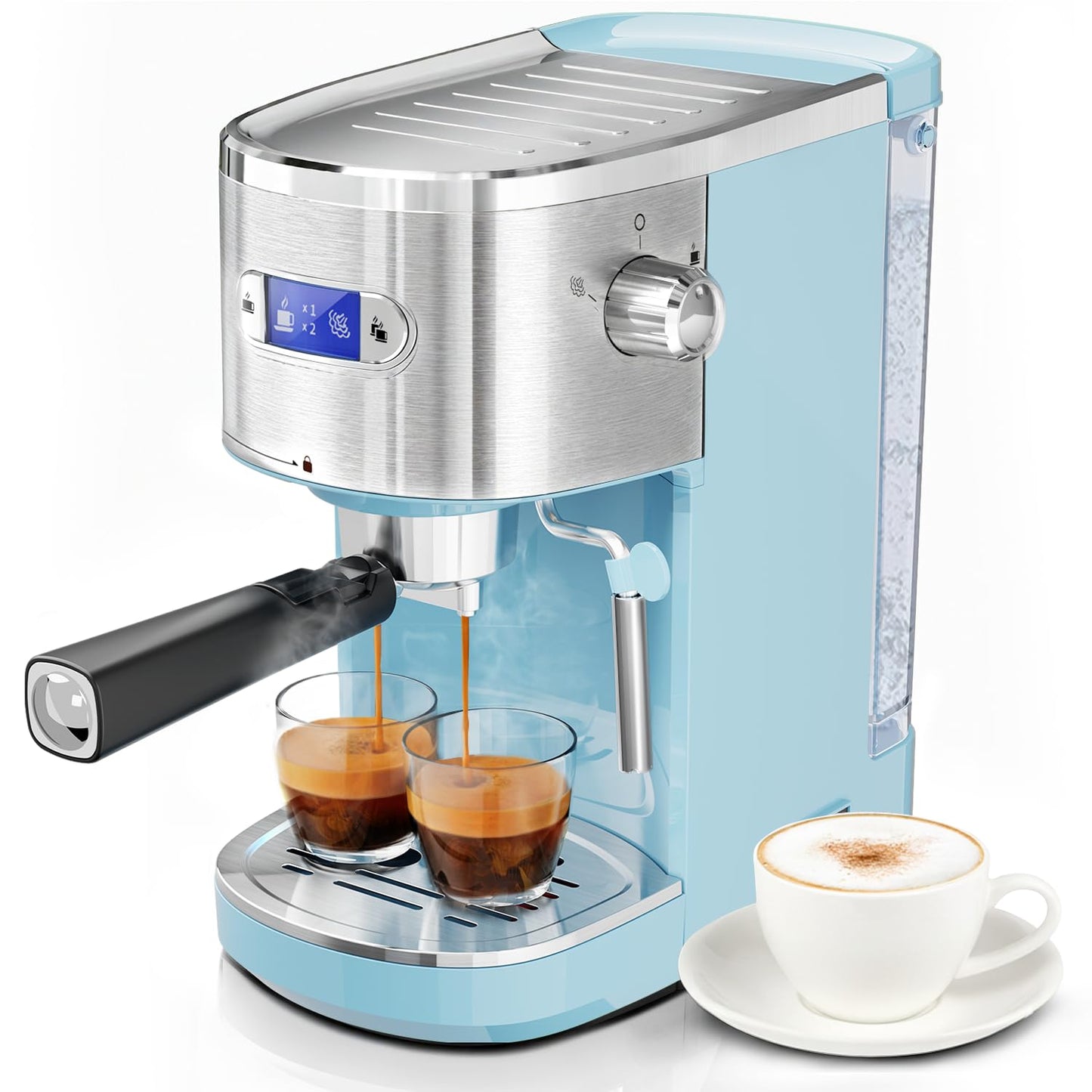 20 Bar Espresso Machine Semi-Automatic, Professional Coffee Maker with Milk Frother Steam Wand & 45OZ Removable Water Tank, Home Barista System for Cappuccino, Latte, Americano-Stainless Steel-Blue