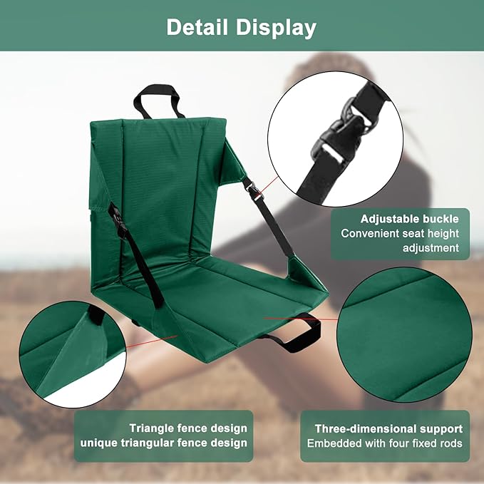 LynsaTac Folding Stadium Seat Cushion with Backrest, Portable Bleacher Pad for Camping, Fishing,15.8'' x 16.5'',Lightweight Chair with Backrest for Outdoor Sports and Concerts (Forest Green)
