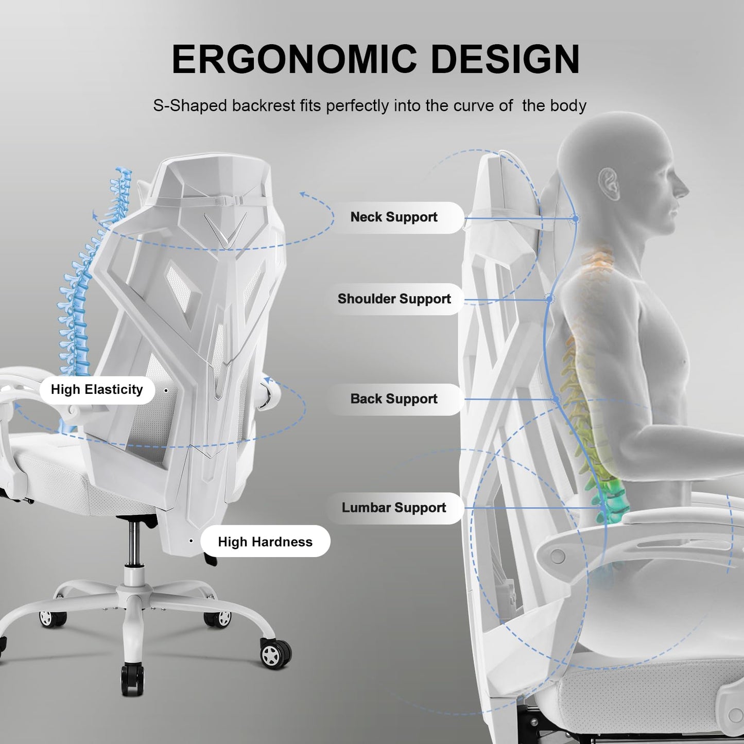 GTRACING Gaming Chair, Computer Chair with Mesh Back, Ergonomic Game Chair with Footrest, Reclining Game Chair with Adjustable Headrest and Lumbar Support for Gaming and Office (White)