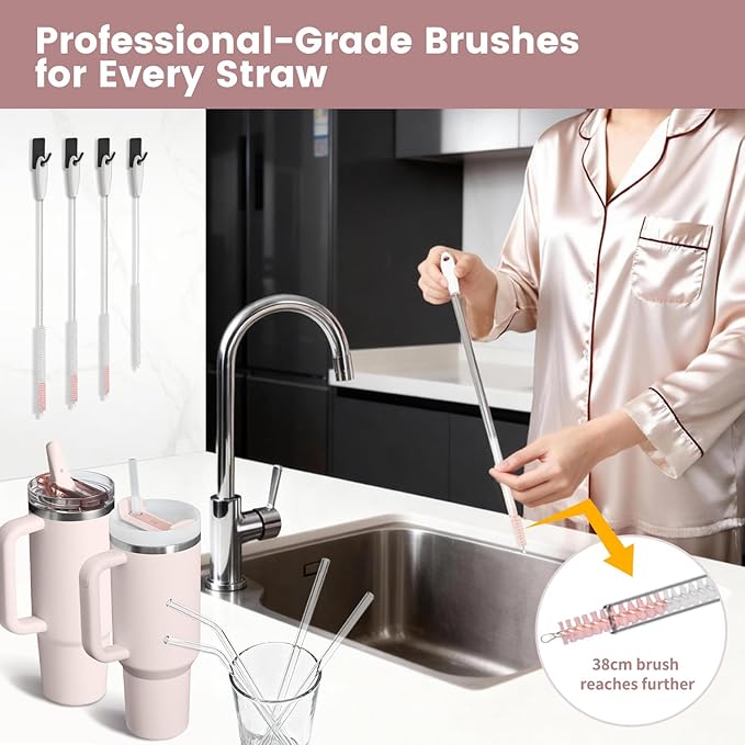 Straw Cleaner Brush Set, 4 Sizes (6/8/10/12mm) & 3-in-1 Lid Brush, 15-inch Extra Long Bristles for Deep Cleaning, Fit for Stanley and Reusable Straws (Pink)