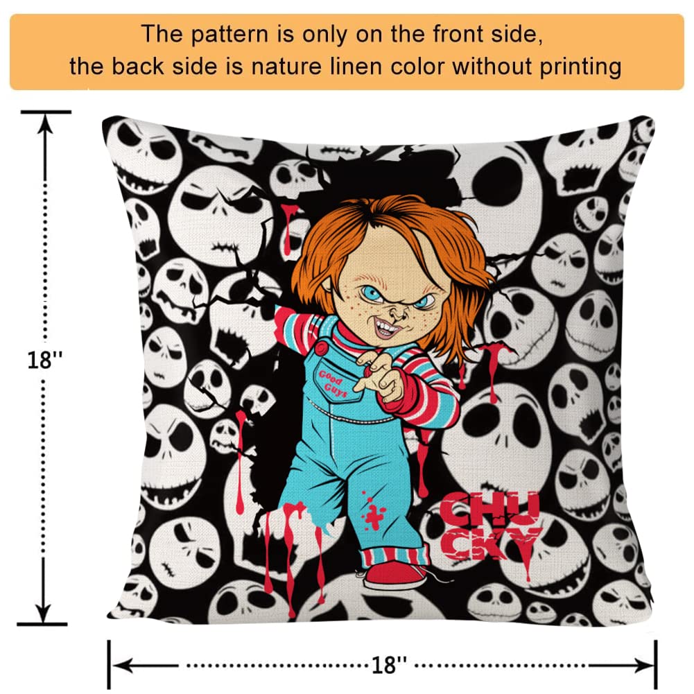 Chucky Pillow Cover Classic Horror Movie Halloween Pillow Cover Creepy Pillowcase Horror Halloween Decorations Skeleton Skull Throw Cushion Cover Cotton Linen Pillowcase 18 x 18 Inch, No Pillow Insert