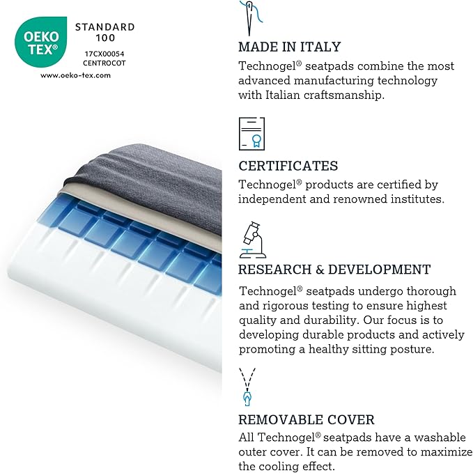 Technogel Lumbar Support Cushion – Cooling Gel Back Cushion for Office Chair, Car, Airplane – Sciatica & Lower Back Pain Relief – Ergonomic Support for Long Sitting, Office Workers, Drivers, Gamers