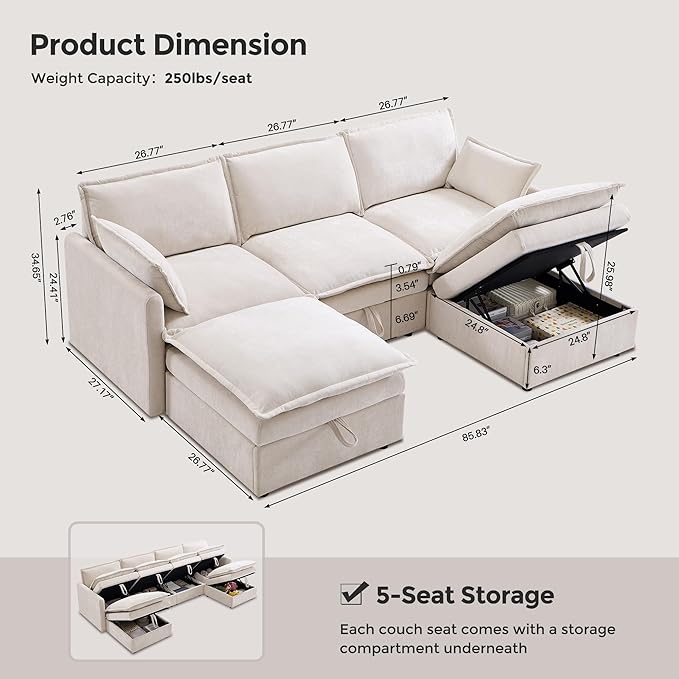 85.83" Sectional Couches for Living Room, Cloud Couch Sectional with Large Storage Ottoman, U-Shape Modular Sectional Sofa with 5 Seater Chenille Sofa and Pillow for Apartment, Bedroom, Beige