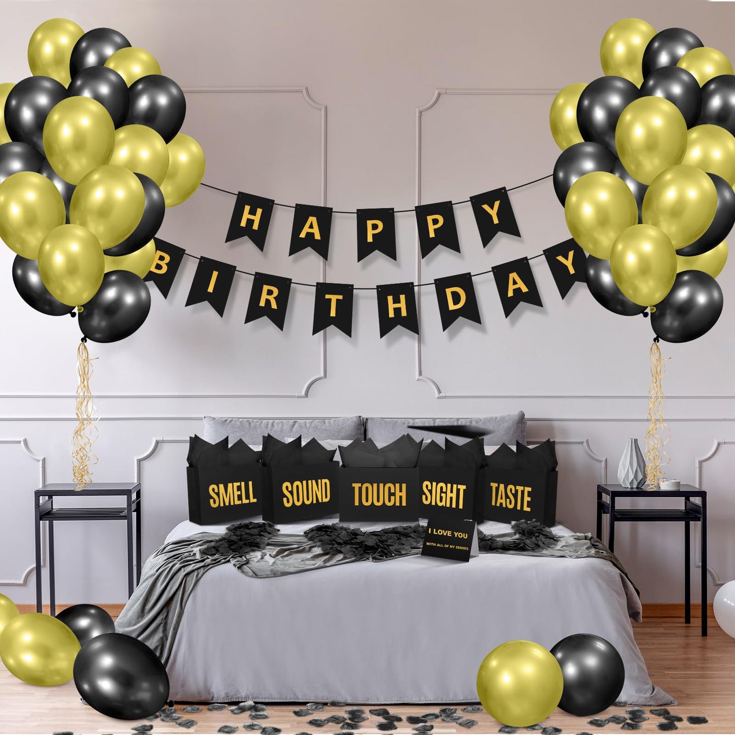 Soulchen 5 Senses Gift Birthday Decorations Five Senses Gift Bags Party Decoration with Happy Birthday Banner Taste Touch Sound Rose Petals Balloon for Party(Black Gold)