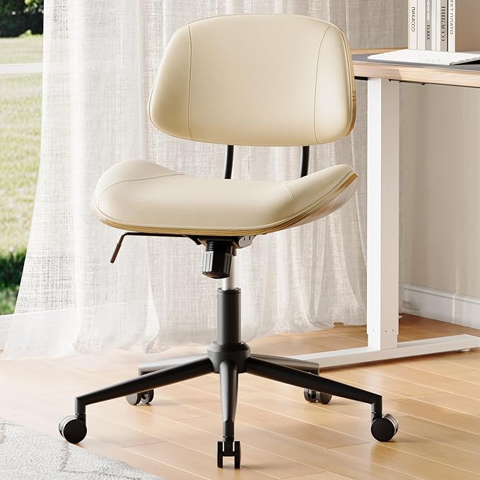 BERYTH Armless Office Chair with Wheels, PU Leather Adjustable Height Desk Chair - 360° Swivel Ergonomic Computer Chair for Small Space, Modern Walnut Style, Home & Meeting Room, Beige
