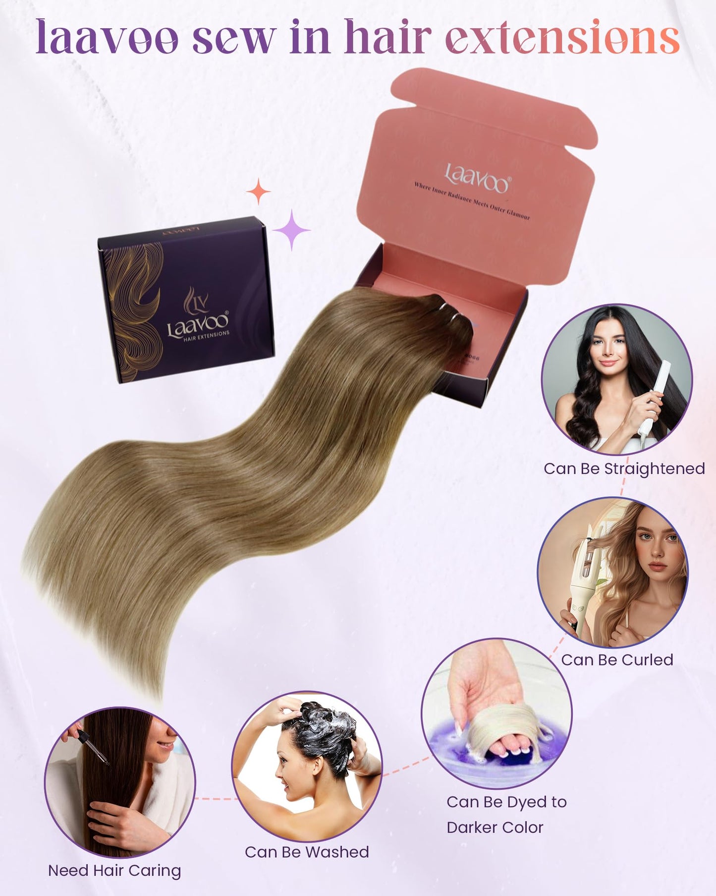 LaaVoo Weft Hair Extensions Human Hair Brown Ombre Sew in Hair Extensions Balayage Light Brown to Golden Blonde Hair Wefts Human