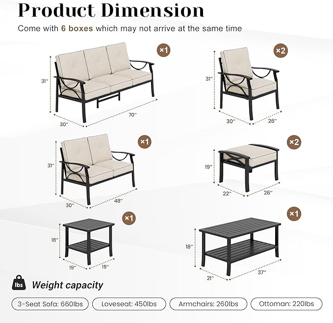 FansaFurn 8-Pieces Outdoor Patio Furniture Set, Outdoor Metal Sectional Furniture with Cushions, Outdoor Conversation Seating Set with Coffee Table for Garden, Balcony, Deck, Backyard, Black